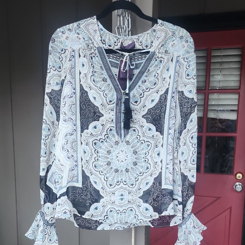 NWT Hale Bob Black and White Tie Front Long Sleeve Blouse